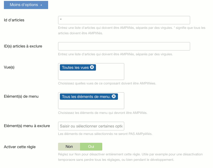 Options de filtrage de contenu wbAmp