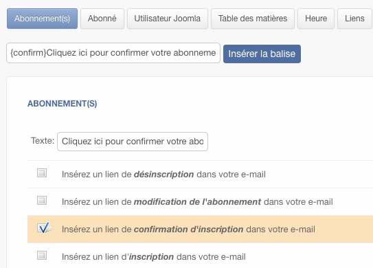 Balise d'insertion de lien de confirmation Acymailing