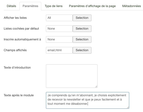 Lien de menu Acymailing dans Joomla!