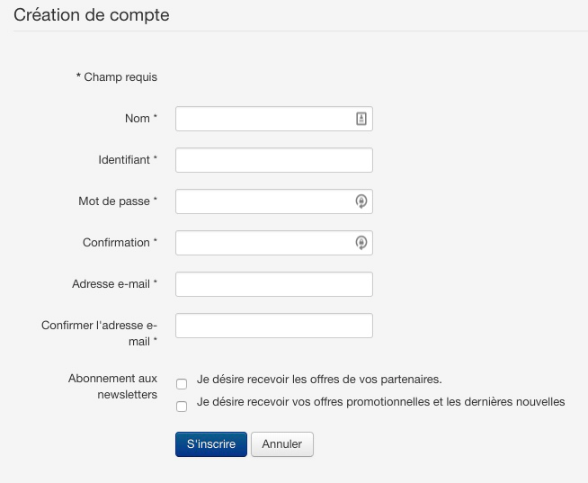 Formulaire de création compte utilisateur Joomla!