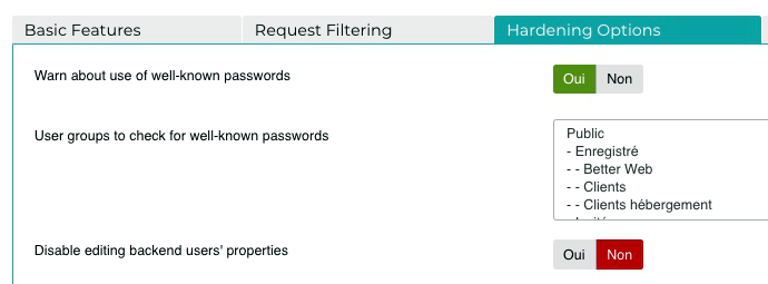 Onglet Hardening Options dans le WAF d'Admin Tools Pro