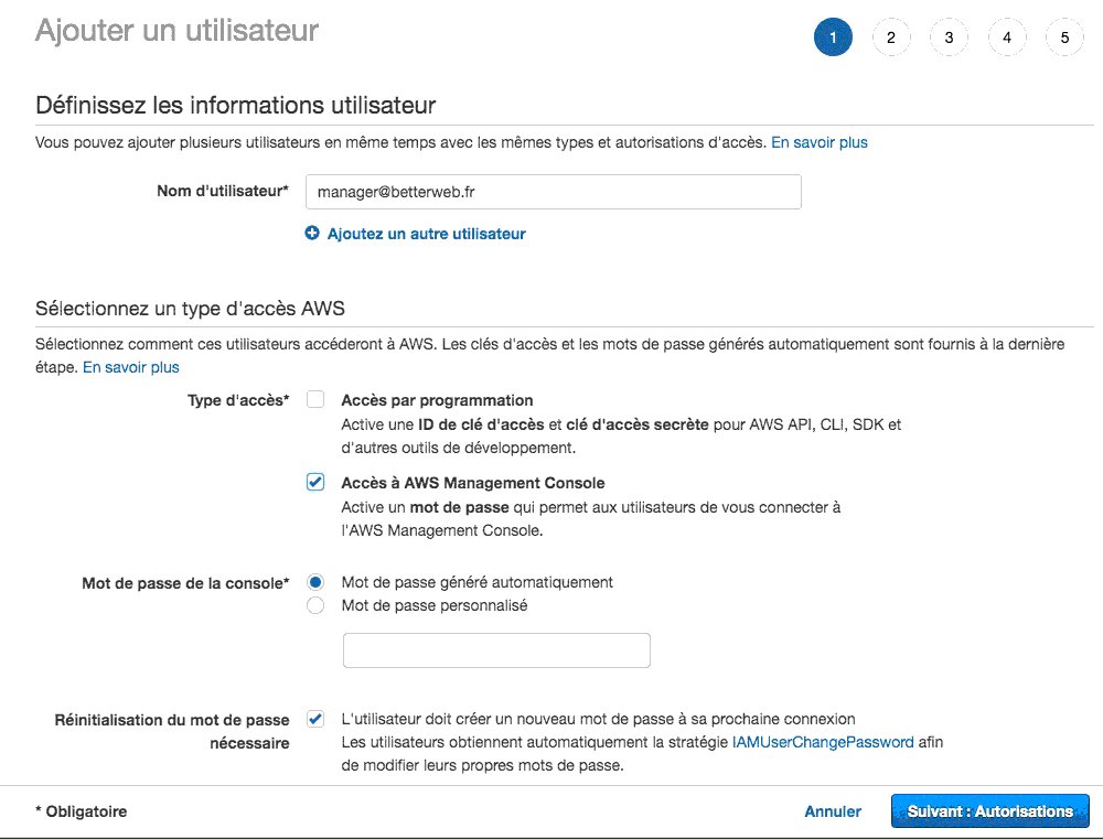 Informations utilisateur AWS Management Console