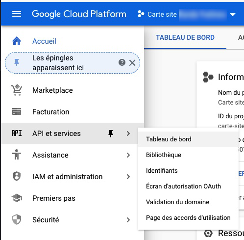 Tableau de bord API Google