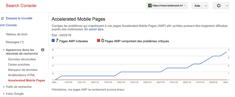 Etat de l'indexation AMP dans la Google Search Console