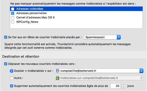 pParamètres des indésirables dans Thunderbird
