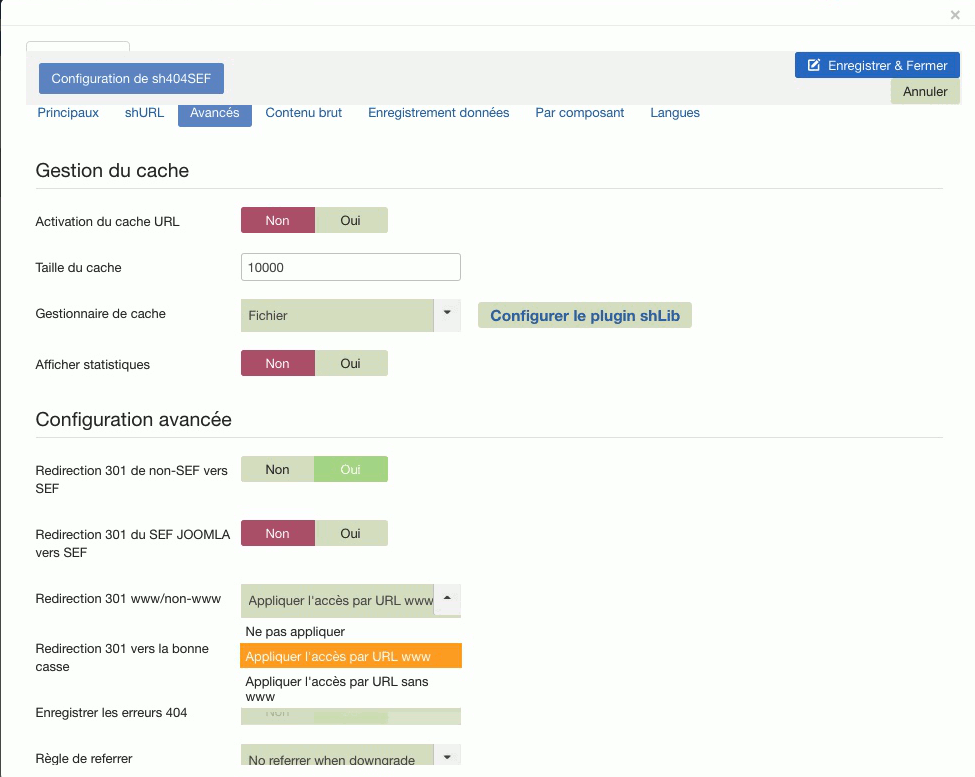 Interface du composant Joomla! sh404SEF