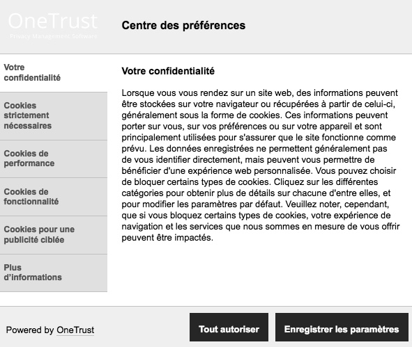 Fenêtre de paramétrage des cookies - exemple1
