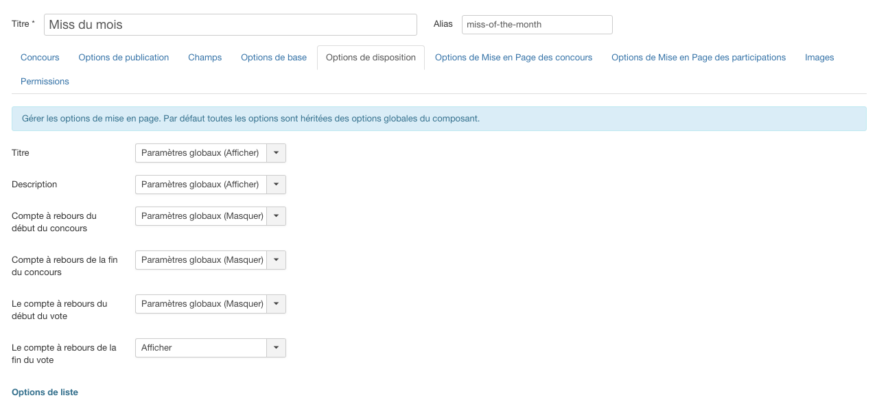 Options de mise en page de concours NorrCompetition