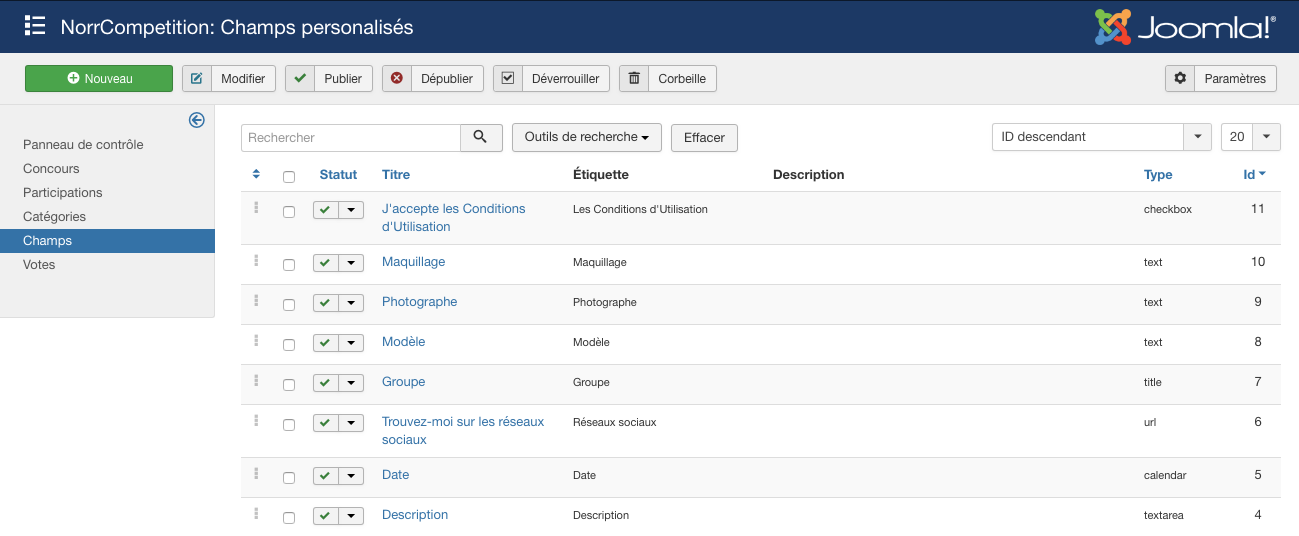 Liste des champs personnalisés dans NorrCompetition