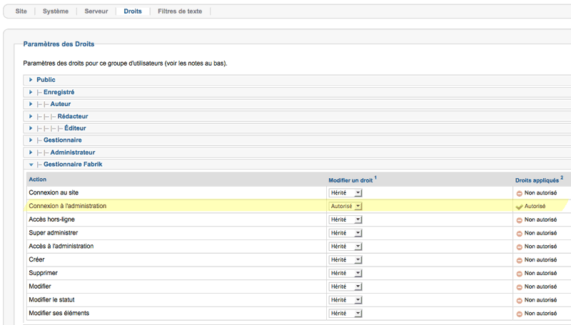 Modifier les droits des groupes utilisateurs de Joomla!